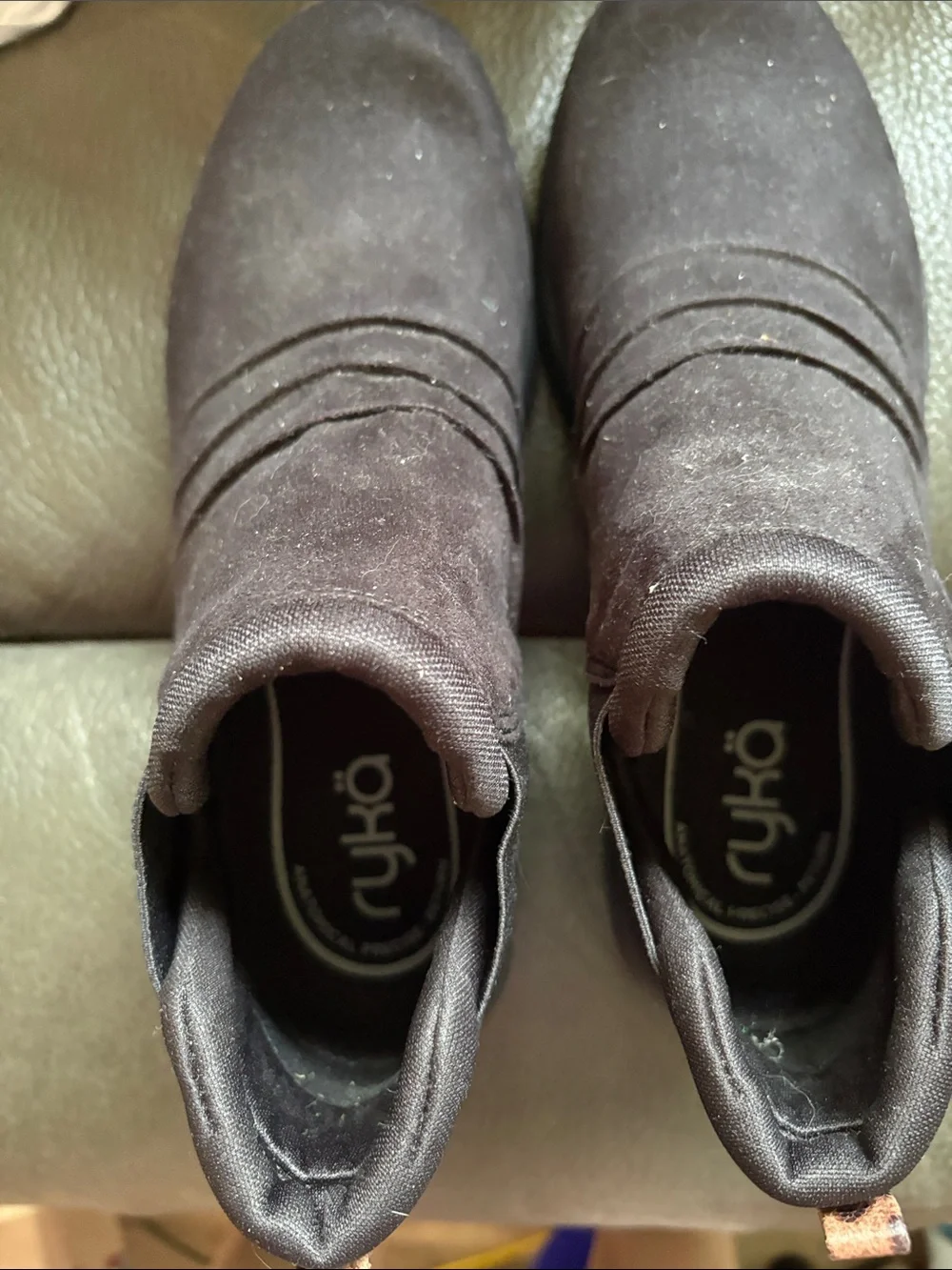 Ryka suede like slip on women’s boots with leopard back trim